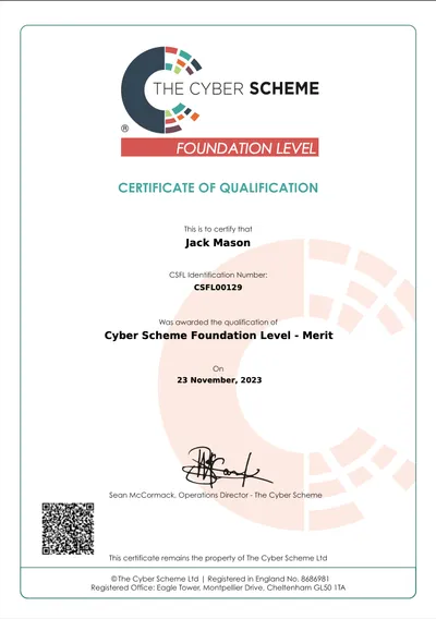 Cyber Scheme Foundation Level Certificate
