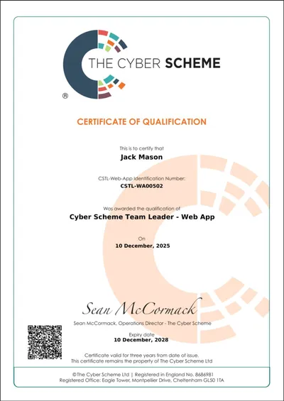 Cyber Scheme Team Leader Web App Certificate