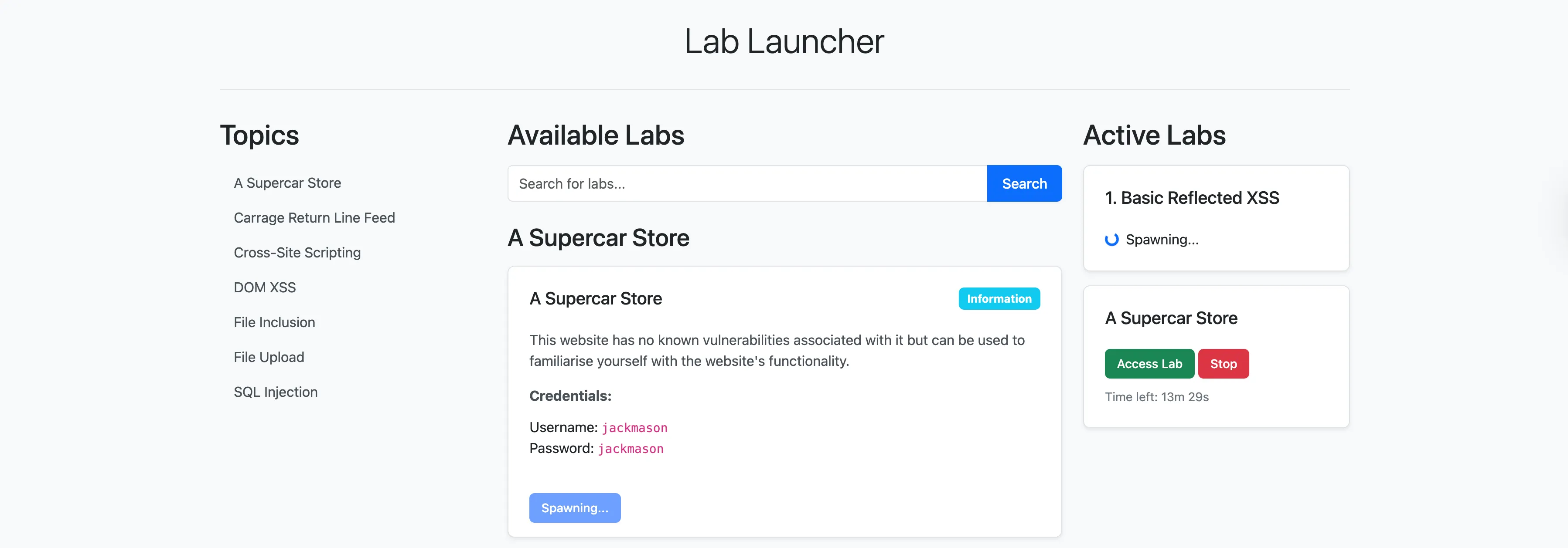 Lab Launcher Application Screenshot