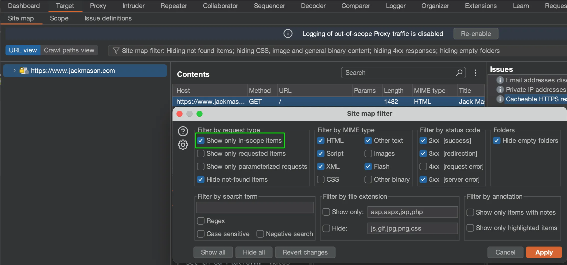 Burp Suite sitemap scope