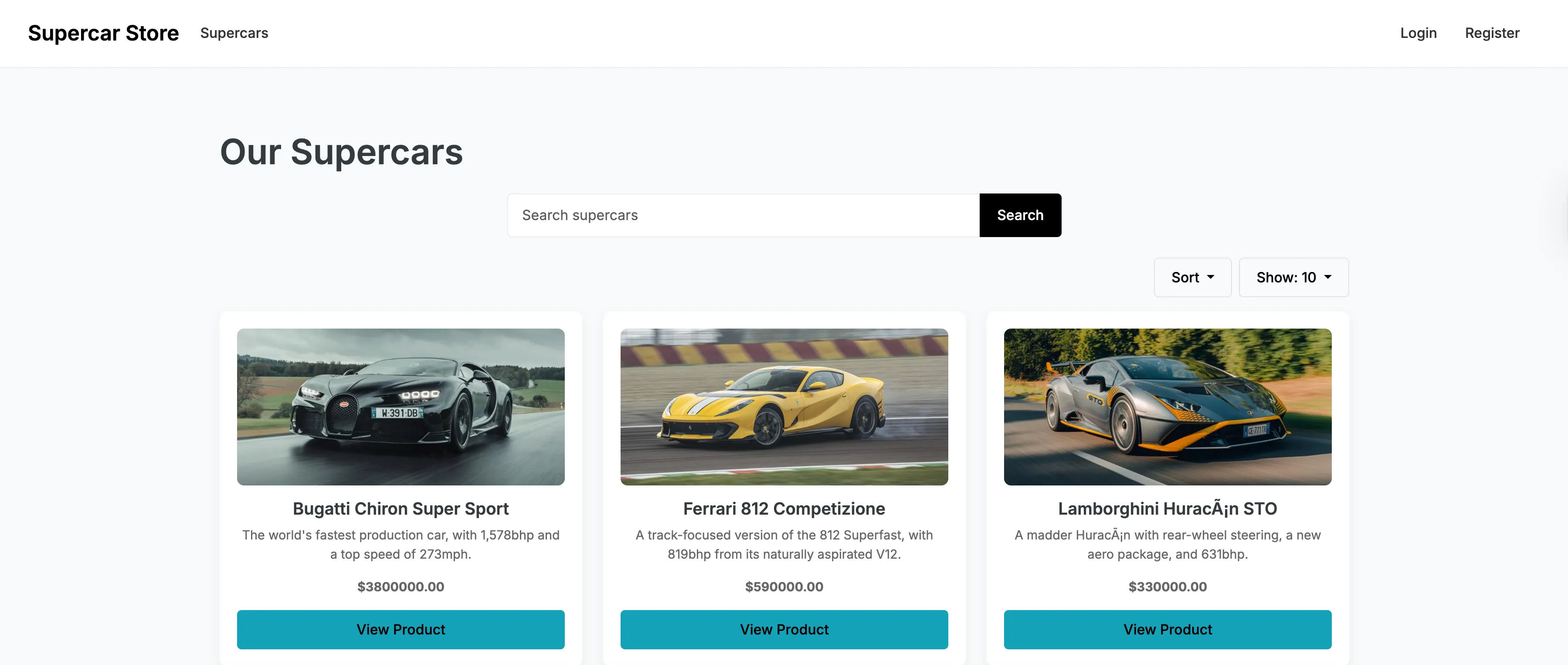 Supercar Store Website Screenshot
